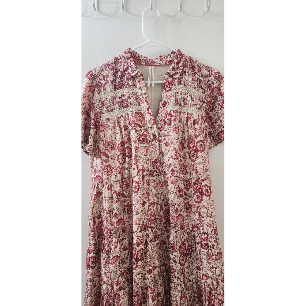 Anthropologie Red Floral Tiered Cotton Mini Dress Lace Trim Boho Womens Medium - Picture 3 of 11